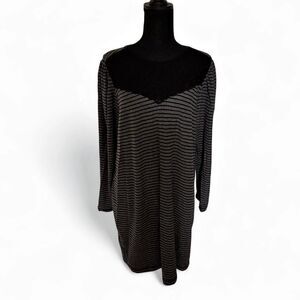 LOFT Grey & Black Striped Dress with Lace Detail - Size Large